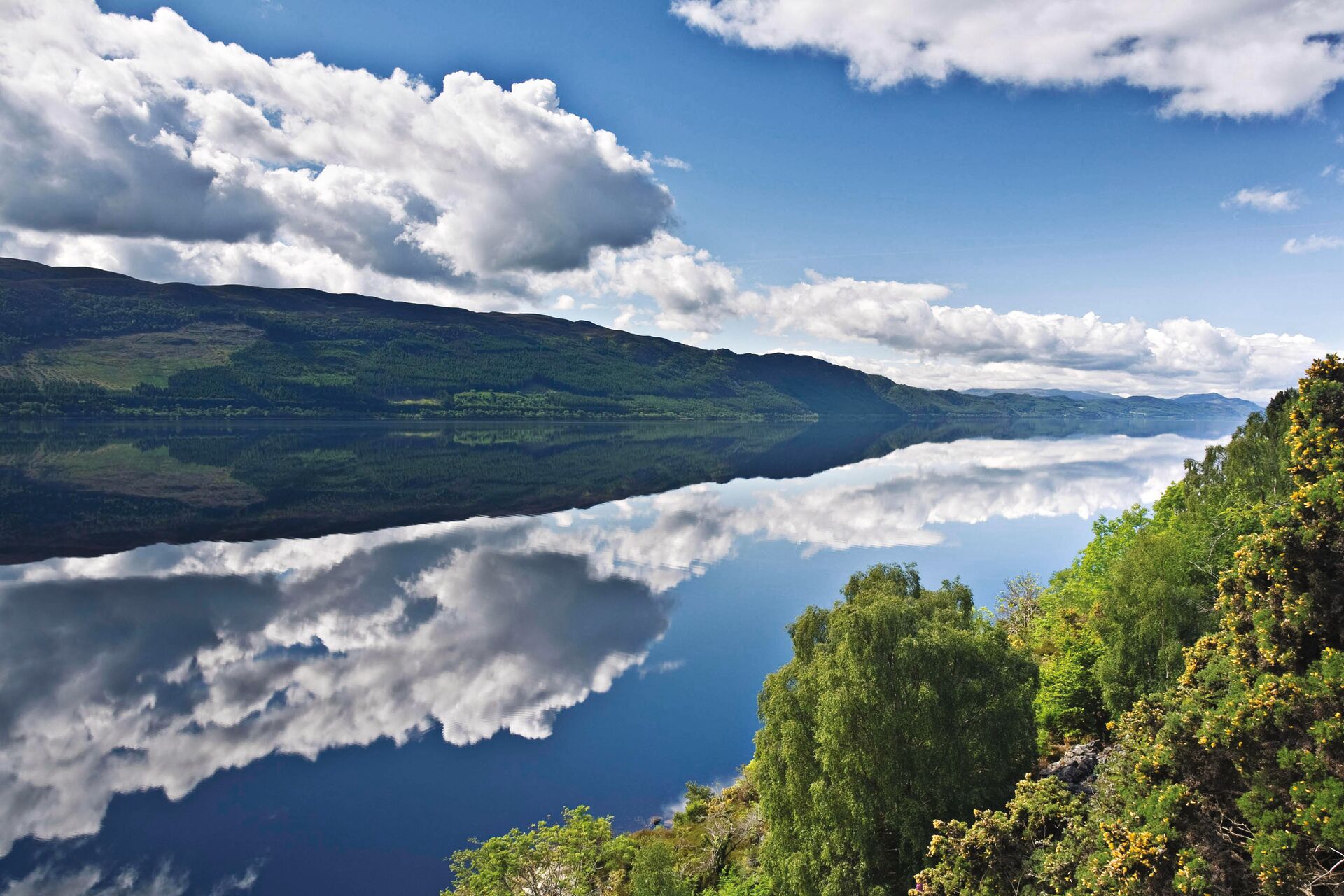 Blue skies and hills at Loch ness