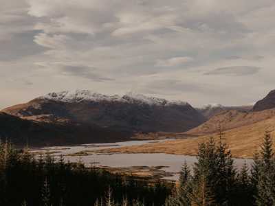 Scottish Highlands with snow-capped mountains in the background, a loch in the foreground, and surrounding forests