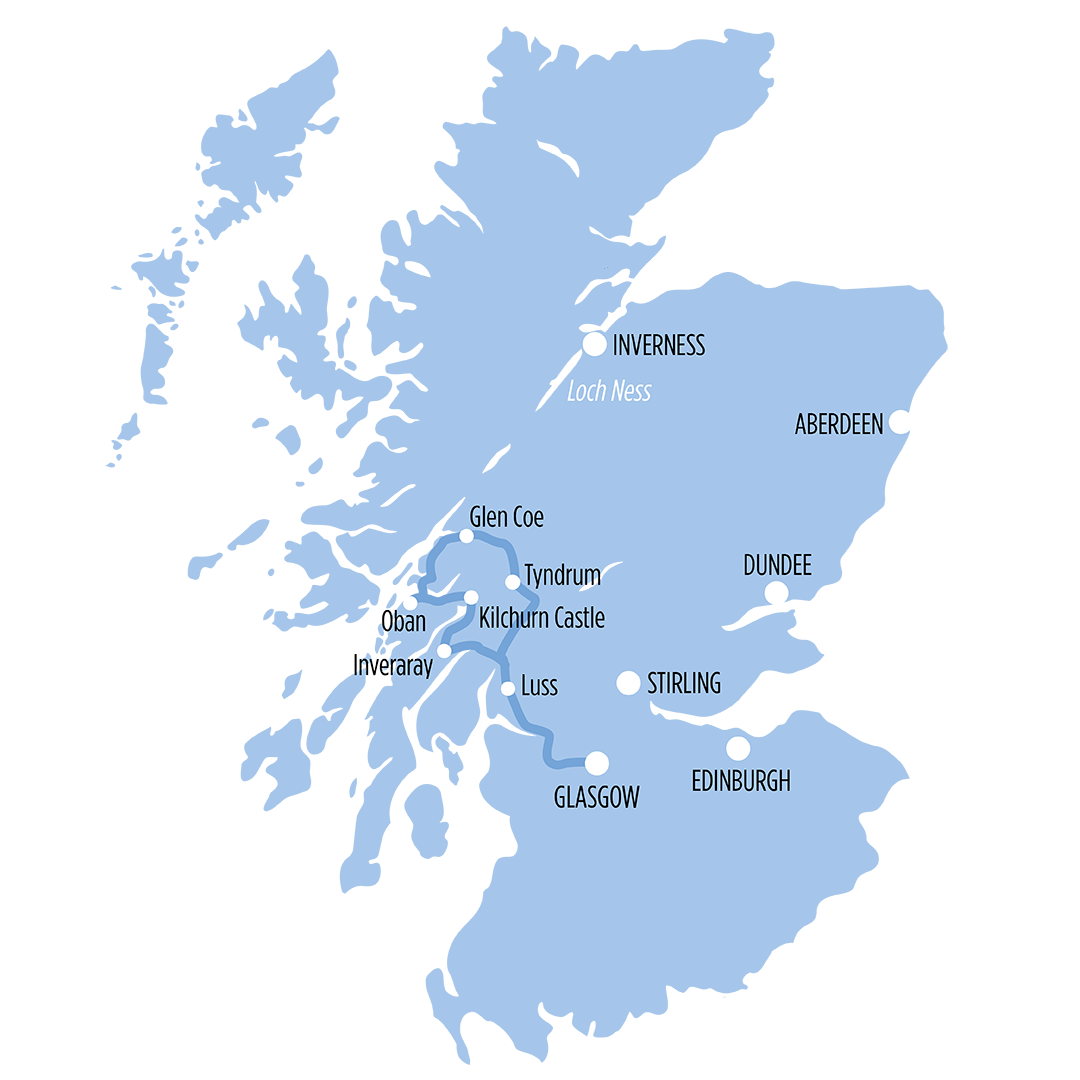 Glen Coe, Oban & Lochs map of route