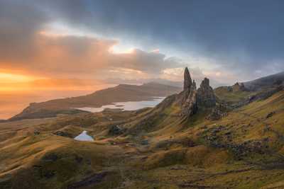 View over rock formation Old Man of Storr on isle of Skye in winter during sunset