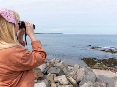 Young female traveller using binoculars to observe bird at Moray Coast