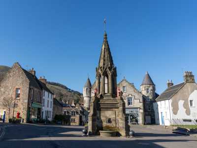 Fife village of Falkland with cobbles streets and gothic fountain in the centre