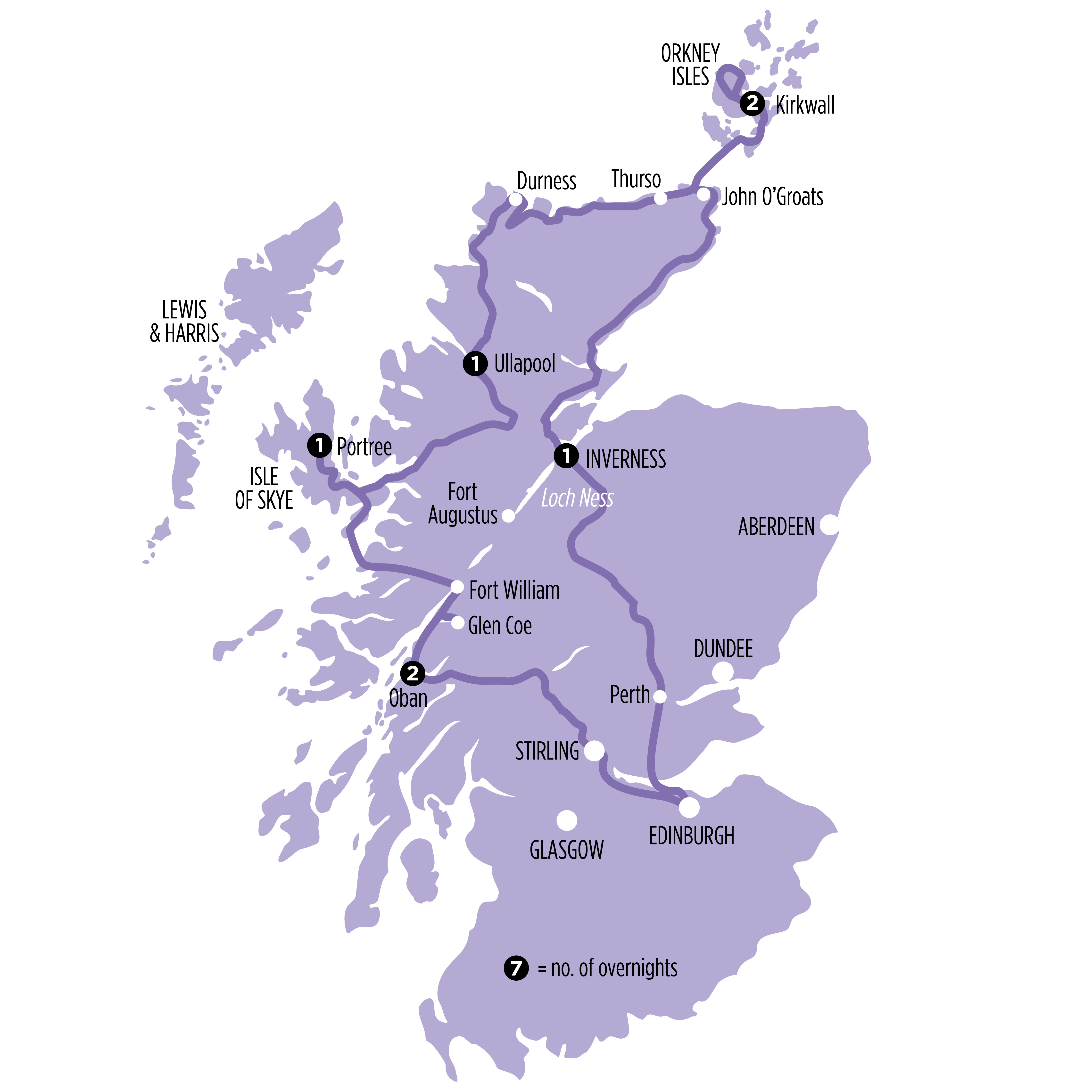 Isle of Skye, Orkney & North Coast 500 map of route