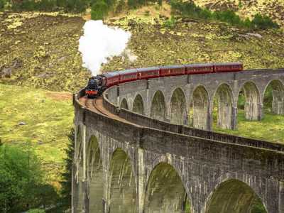 Jacobite Steam Train crossing the 21-arched Glenfinnan Viaduct