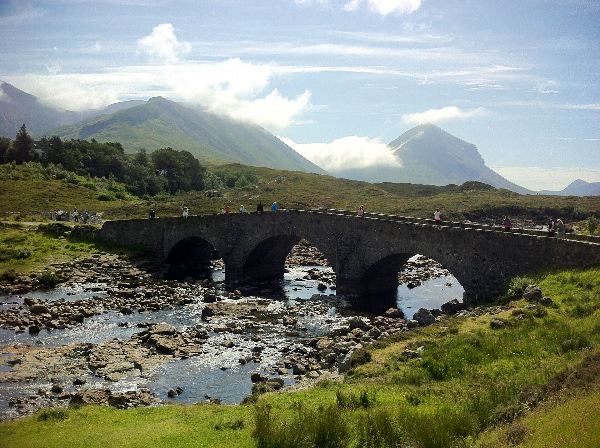 Sligachan Bridge on the Isle of Skye, a stone bridge with a prominent arch, set against mountain views