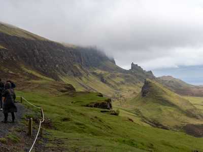 Quiraing Mountain range with dramatic landslips on a cloudy day