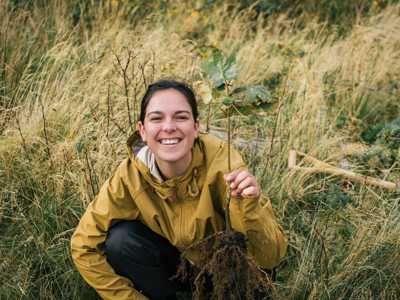 Young woman planting an oak tree in open ground